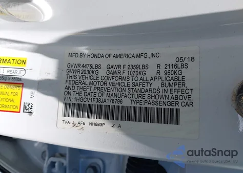 2018 Honda Accord Sport z USA, uszkodzony, nr VIN 1HGCV1F38JA176796